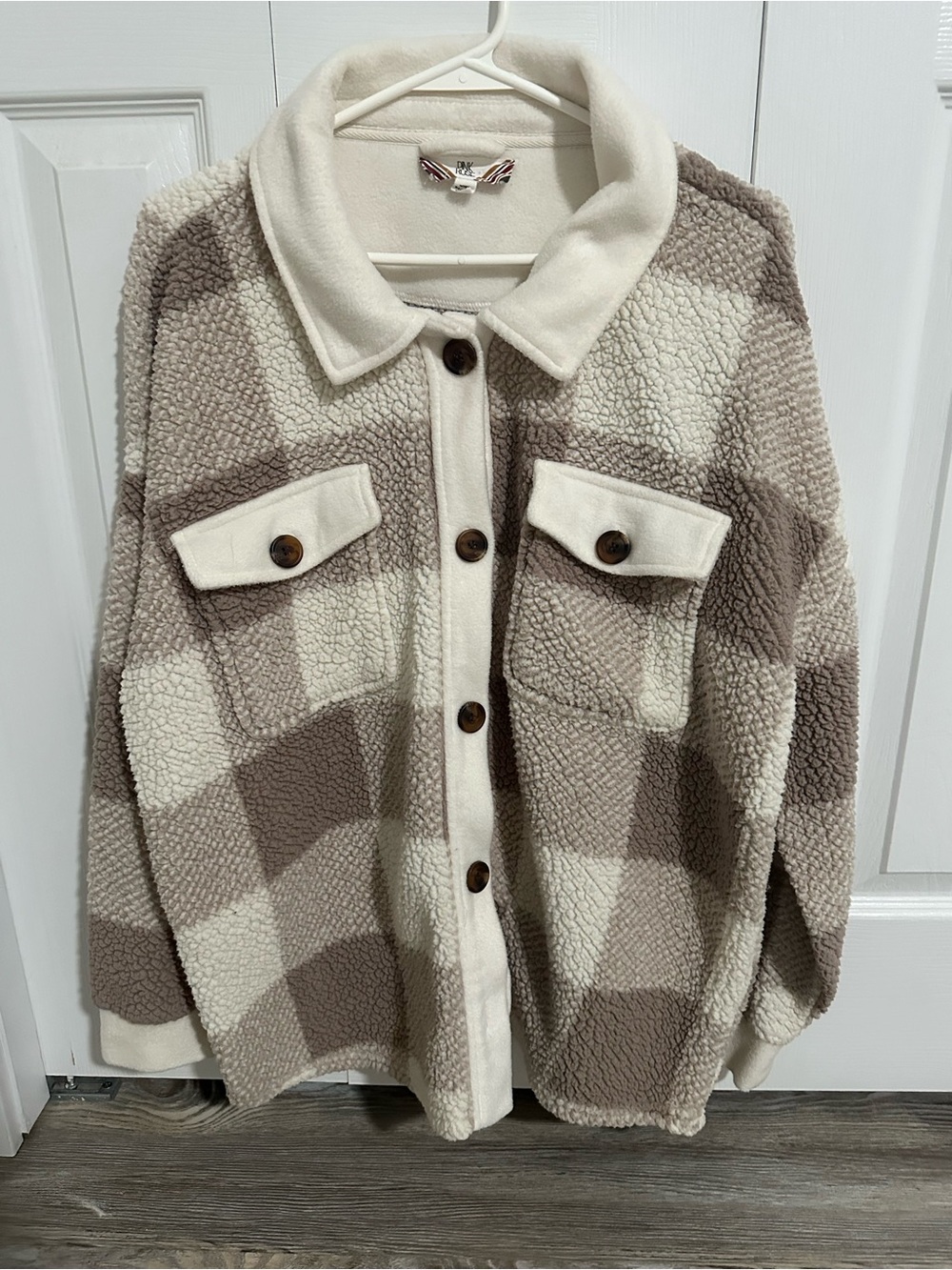 Pink Rose Cream & Taupe Plaid Teddy Jacket